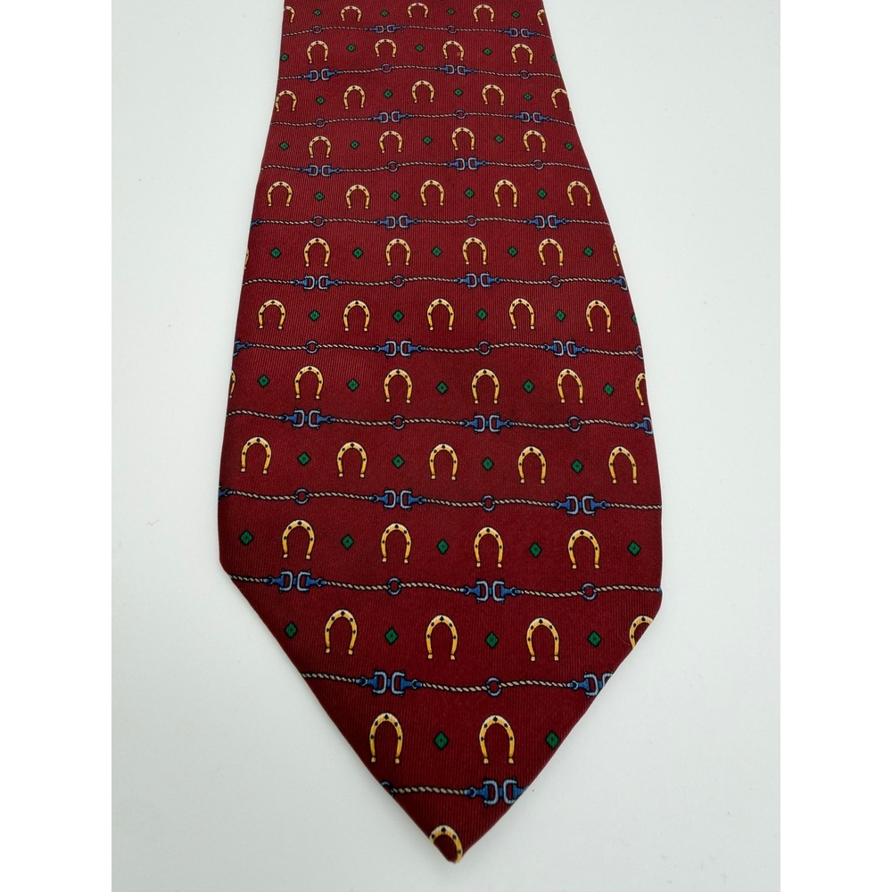 Fendi Mens Silk Tie Burgundy Red‎ Horseshoe Equestrian Motif Made in Italy